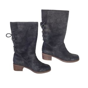 Ugg Cary Black Suede Boots with Leather Laces Up Backs Size 6.5